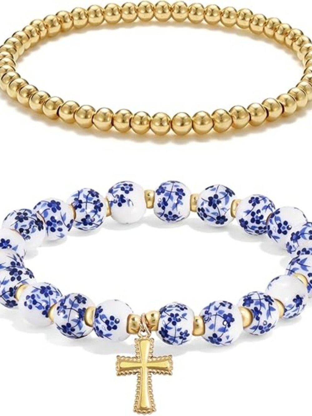 New Cross Bracelet Charm Jewelry Flower Beaded Blue & White Christian Stretch